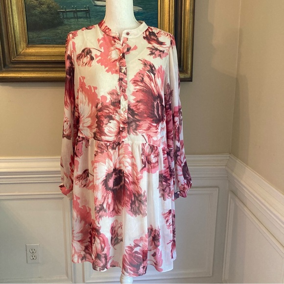 H&M Red Pink Sunflower Floral Print Chiffon Dress - Picture 1 of 9